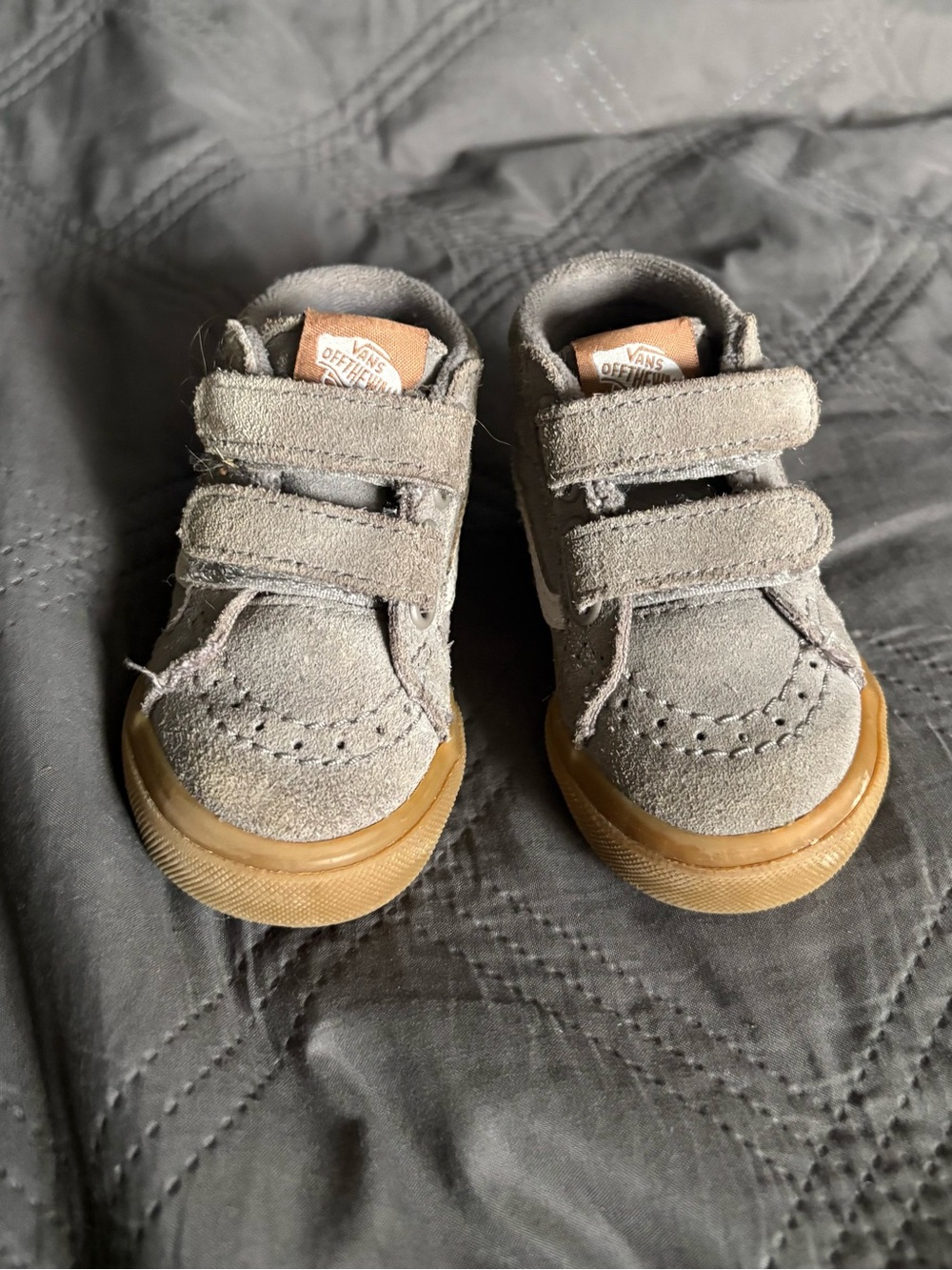 Vans Toddler Suede Hook-and-Loop Sneakers in Light Gray with Gum Sole.